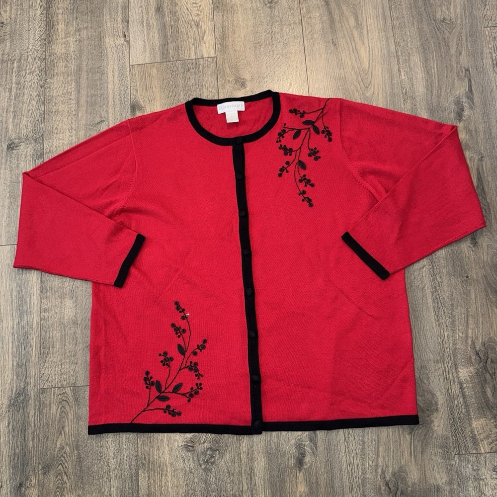 DressBarn Sweater Women Sz 18/20 Cardigan Button Up Top Black Red Embroidered